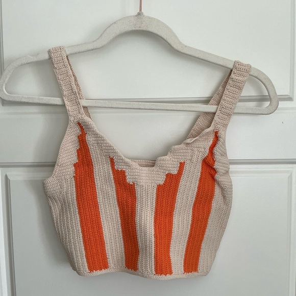 Sandro Tops - Sandro Cream & Orange Crochet Crop Tank